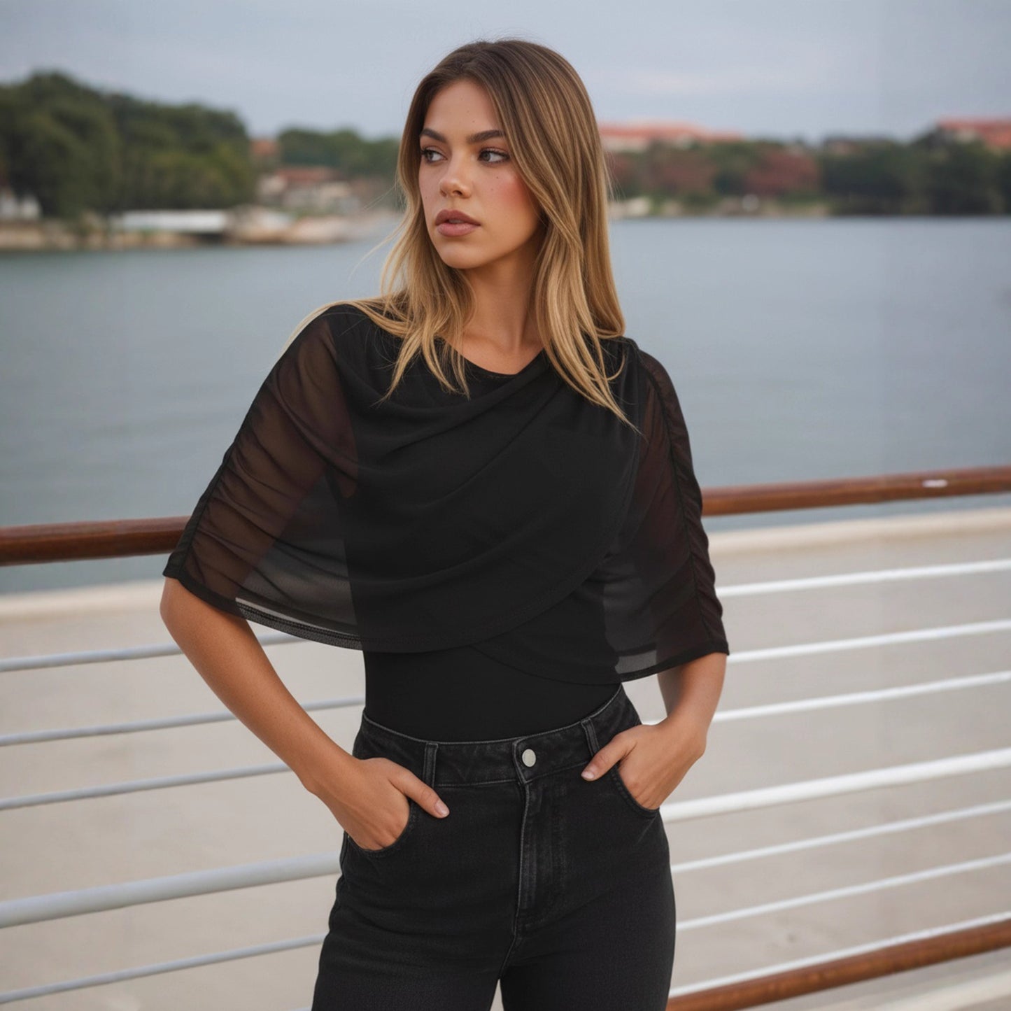 Solid Color Fashion Spliced Mesh Collar Slim And Versatile Commuter Top