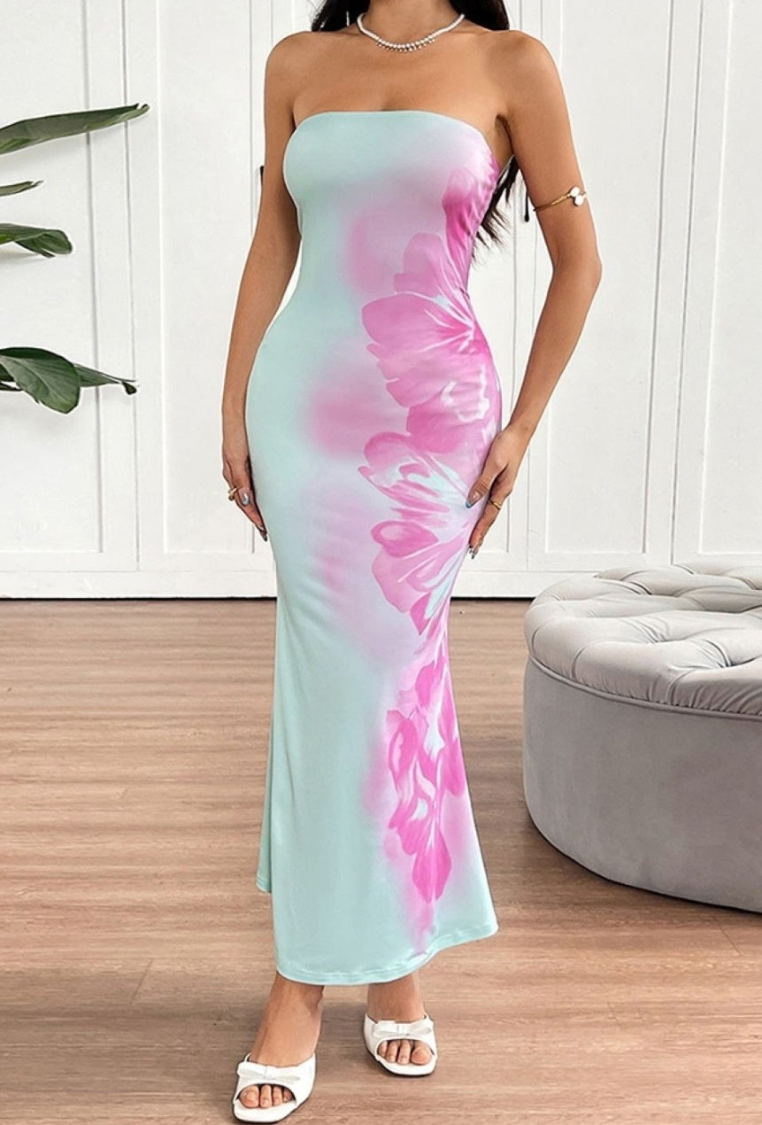 Lady's Sexy Strapless Slim-fit Printed Maxi Dress