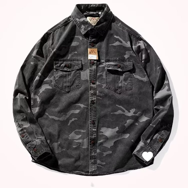 Men's Distressed Washed Camouflage Collar Casual Jacket
