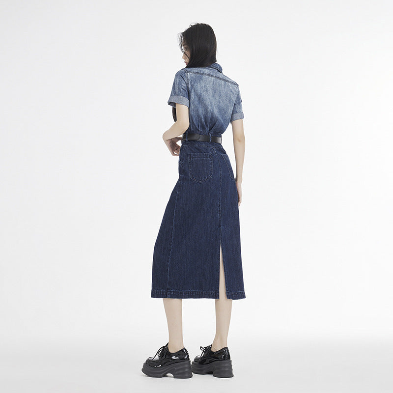 Women's Short-sleeved Denim Dress With Waist-cinching High Waist For A Slimming Effect