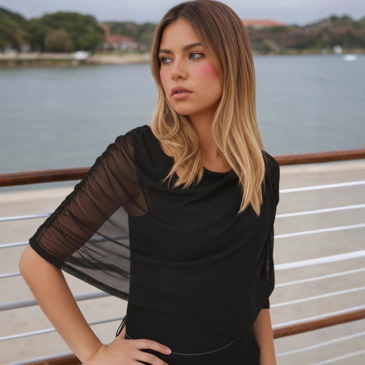 Solid Color Fashion Spliced Mesh Collar Slim And Versatile Commuter Top