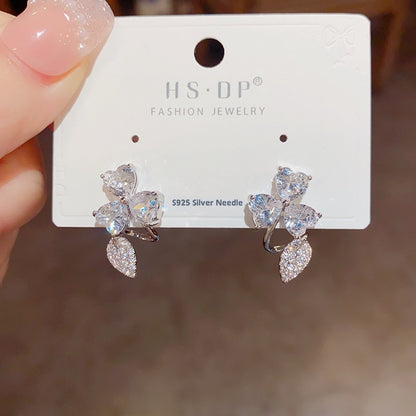 Female Personality Fashion Zircon Three Leaf Flower Earnail