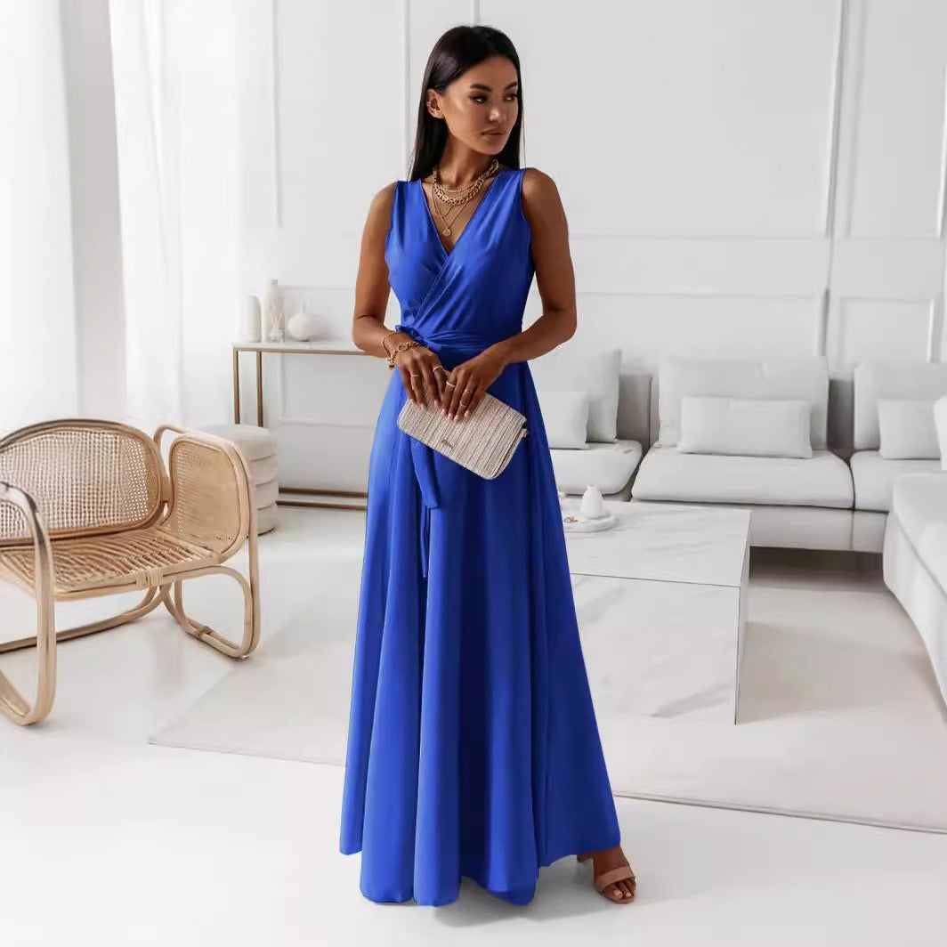 V-neck Sleeveless Dress With Belt Summer Fashion Party Club Evening Maxi Dresses For Women Clothing
