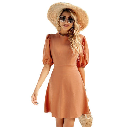 Elegant Round Neck Bubble Sleeve Short Sleeve Dress