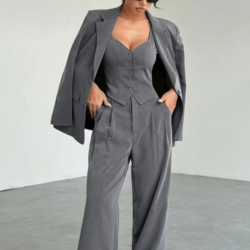 A Three-piece Solid Color Women's Front-buttoned Long-sleeved Pocket Lapel Top