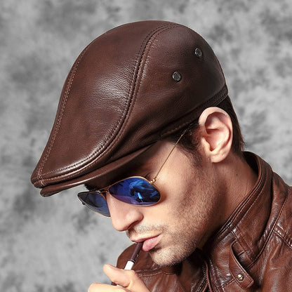Genuine Leather Hat Top-grain Cowhide Beret Warm Duckbill Cap