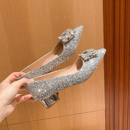 Silver French Style Mid Heel Ladies New Square Buckle Large Size Plus Sizes Pumps