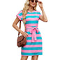 Women's Striped Round-neck Loose Short-sleeved Casual Belted Dress