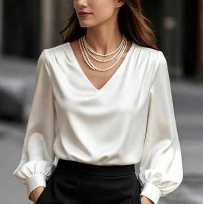 Bubble Sleeve V-neck Long Sleeve Blouse For Women
