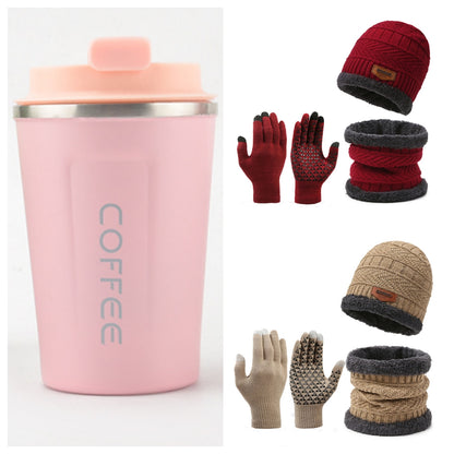 Men's Winter Scarf Gloves Three-piece Set Fleece-lined Warm Knitted Hat