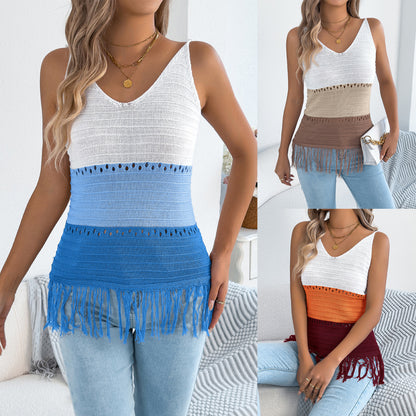 Casual V-neck Color-block Fringe Sleeveless Knitted Top Vacation Shirt