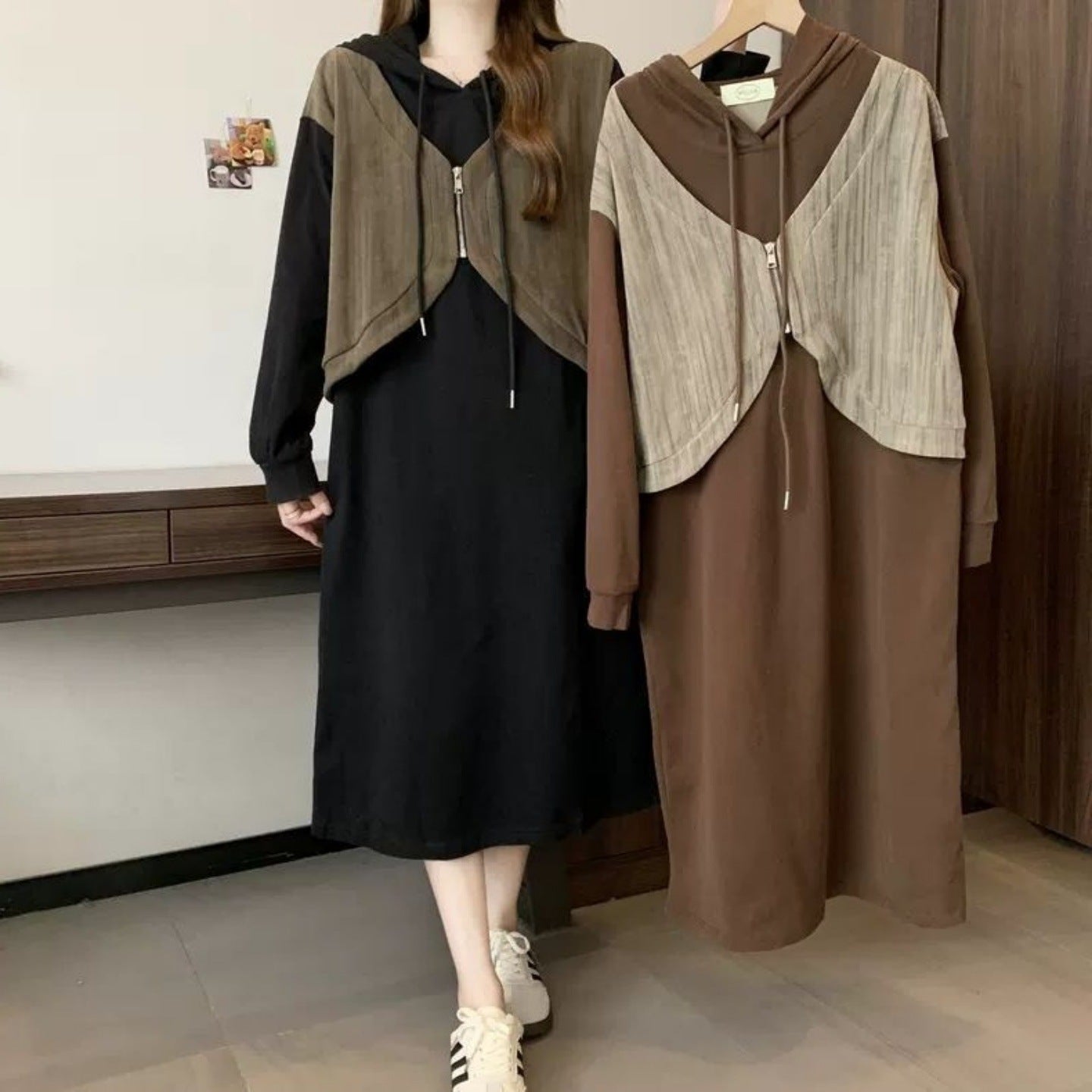 Ladies' Fashion Hooded Fake Two-piece Long Sleeve Dress