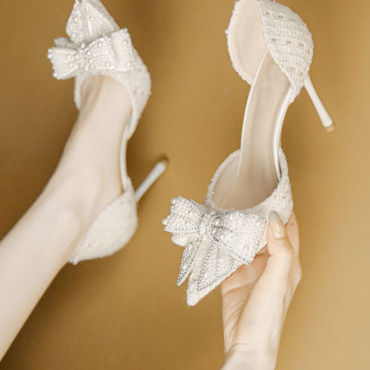 Breathable Side Empty Bow Niche With Skirt Rhinestone Hollow Pumps