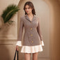 Waist-cinching Plaid Color-block Pleated Waist Design Elegant Dress