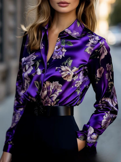 Purple Satin Floral Print Long Sleeve Shirt