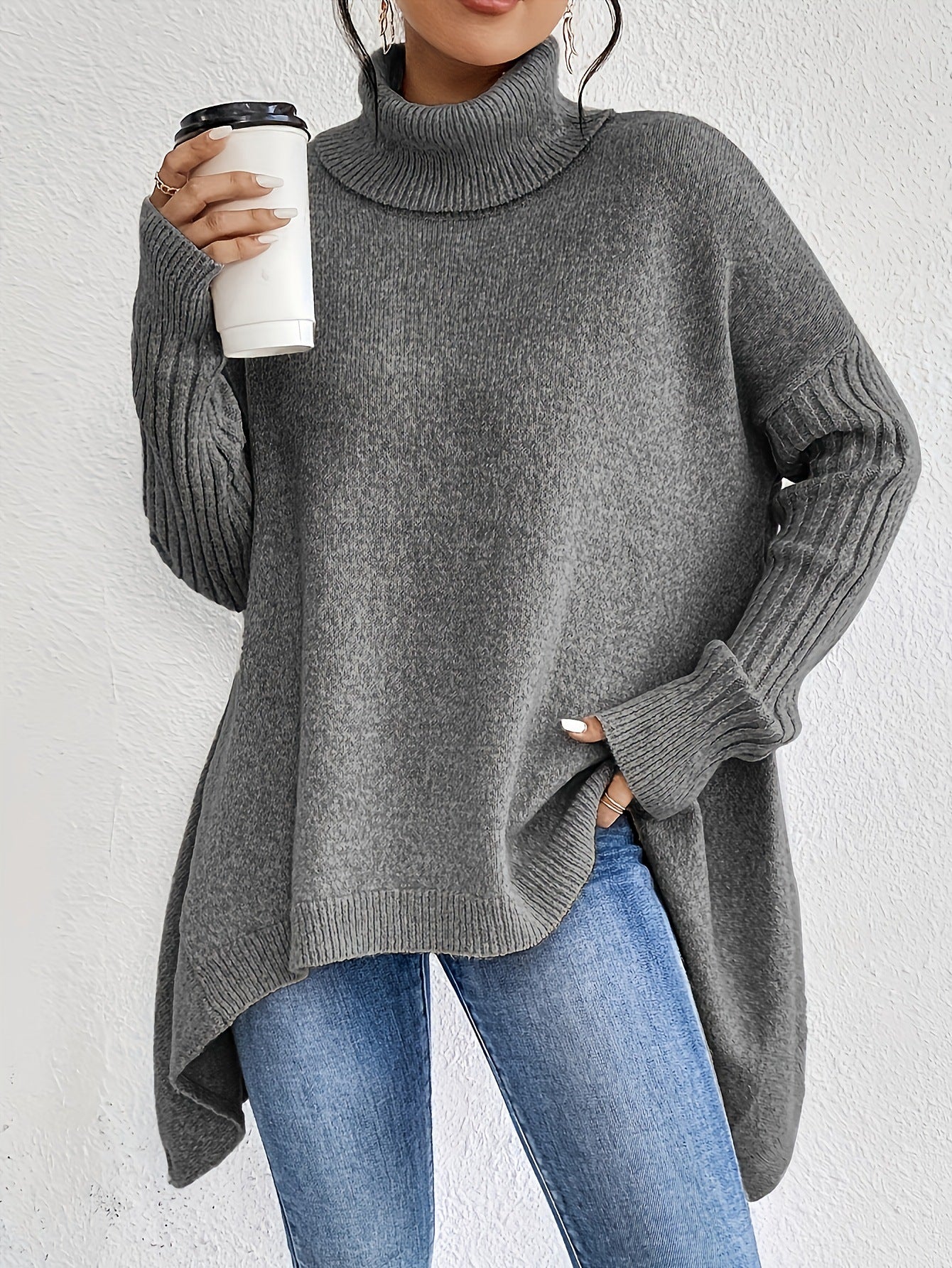 Women's Irregular Turtleneck Sweater - Loose Fit