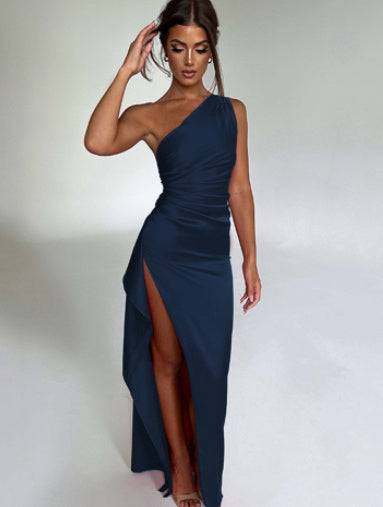 Women's One-Shoulder Satin Dress with Slit - Evening