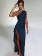 Women's One-Shoulder Satin Dress with Slit - Evening