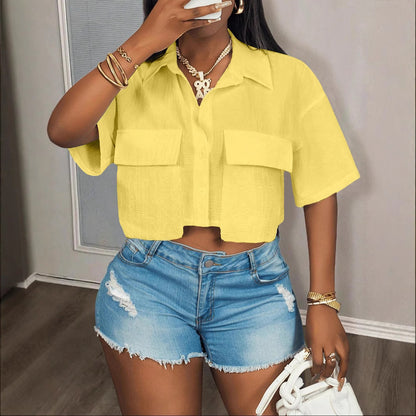 Women's Casual Fashion Pocket Short-sleeved Solid Color T-shirt