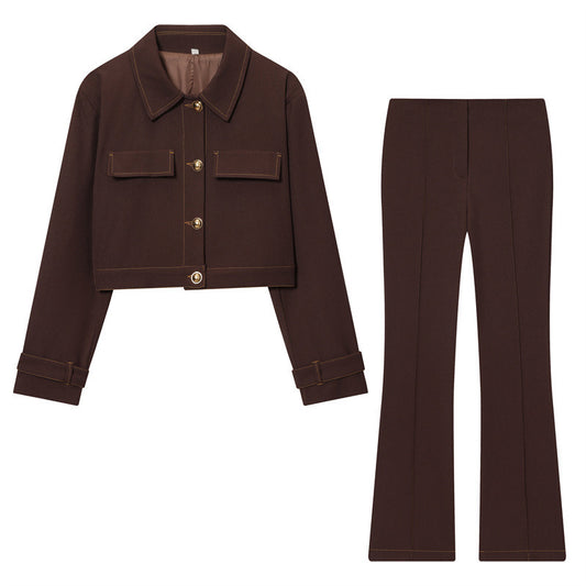 Piped Short Jacket With Flare Pants Set