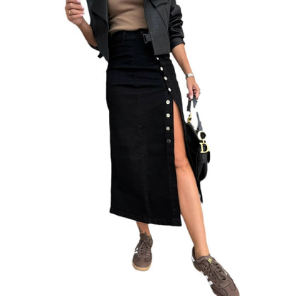 Women's Solid Color Button Irregular Slit Denim Skirt