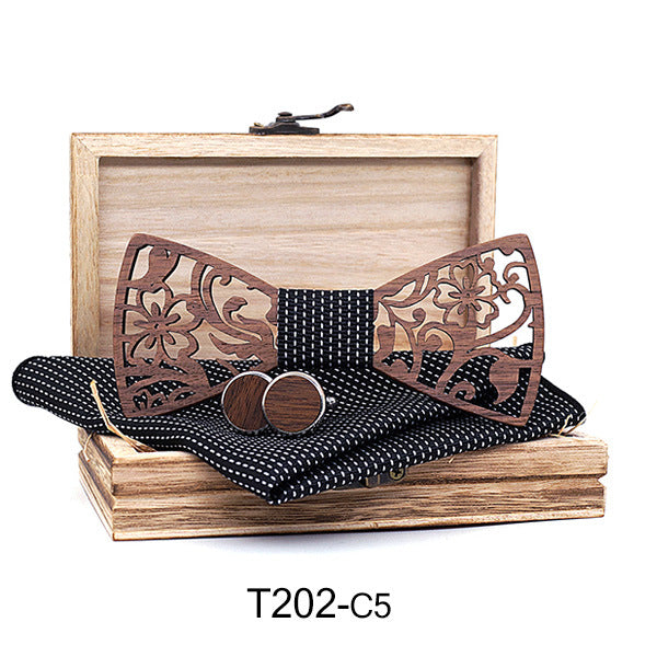 Wooden Hollow Fashion Bow Tie Cufflinks Set