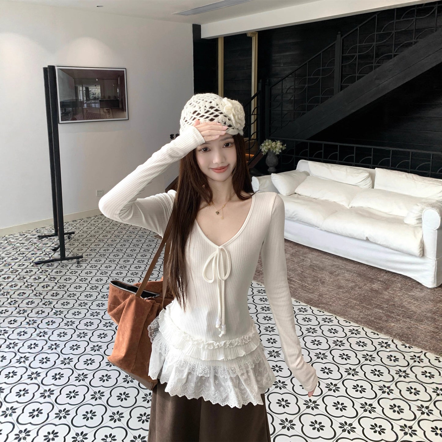 Spliced V-neck Tie Long Sleeve Women's Versatile Slimming Top