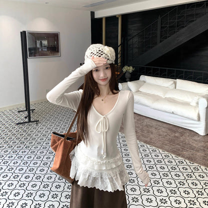 Spliced V-neck Tie Long Sleeve Women's Versatile Slimming Top