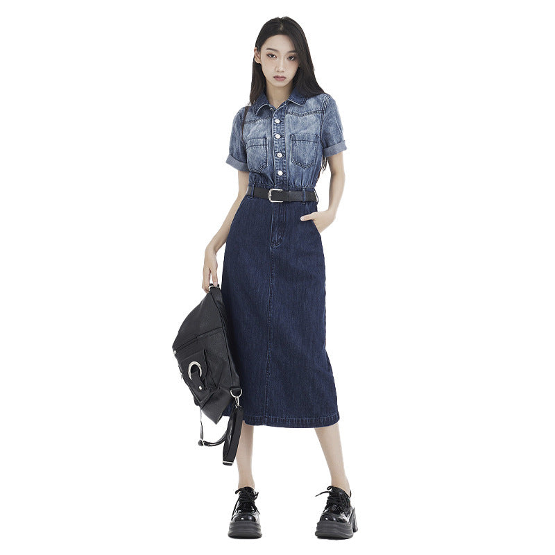 Women's Short-sleeved Denim Dress With Waist-cinching High Waist For A Slimming Effect