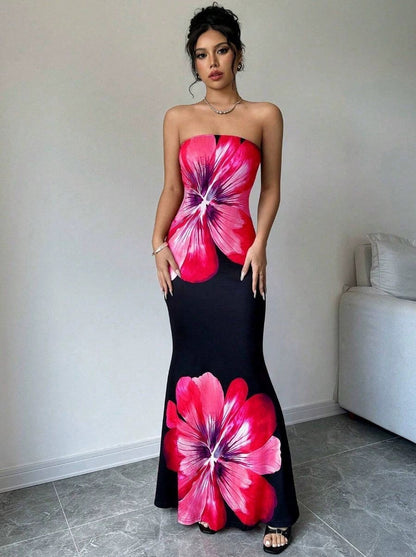Lady's Sexy Strapless Slim-fit Printed Maxi Dress