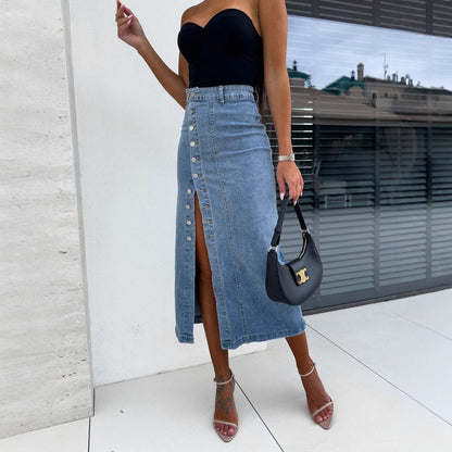 Women's Solid Color Button Irregular Slit Denim Skirt