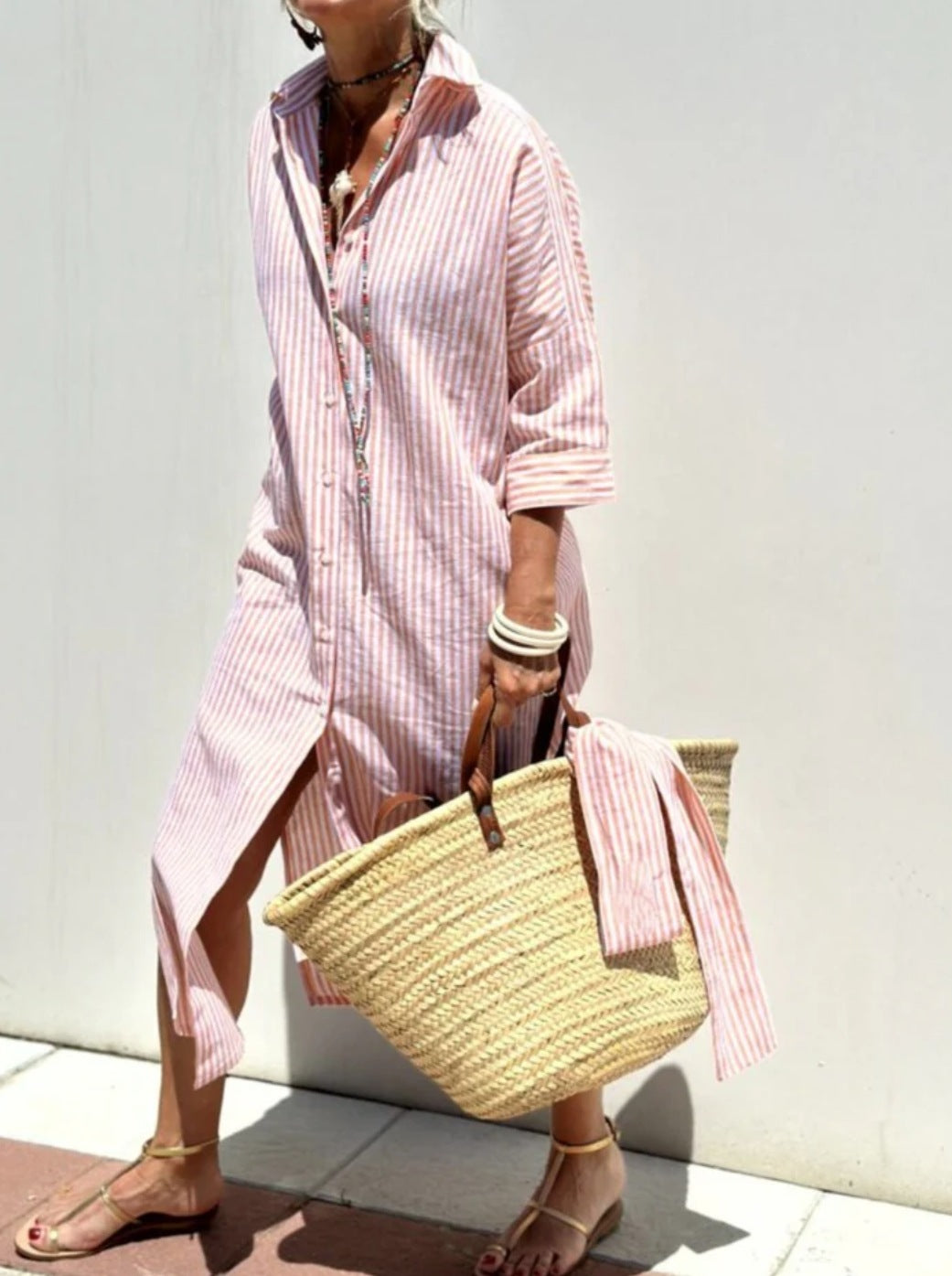Women's Striped Shirt Dress with Belt - Half Sleeve