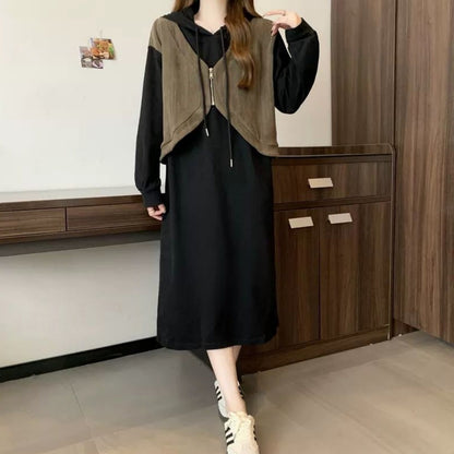 Ladies' Fashion Hooded Fake Two-piece Long Sleeve Dress