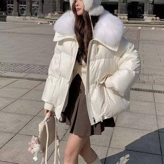 Women's Down Cotton-Padded Jacket - Fur Collar Winter Coat