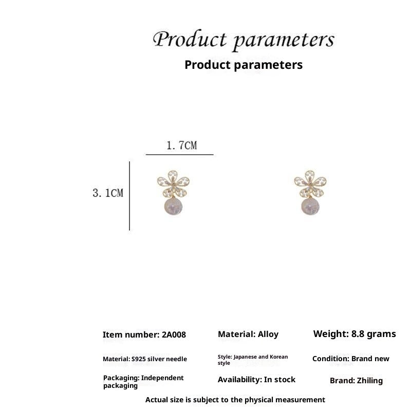 Silver Needle Pearl Flower Earrings Love Sweet Fashion