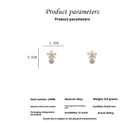 Silver Needle Pearl Flower Earrings Love Sweet Fashion