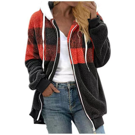 Plaid Color-block Fleece Hooded Zip-up Jacket