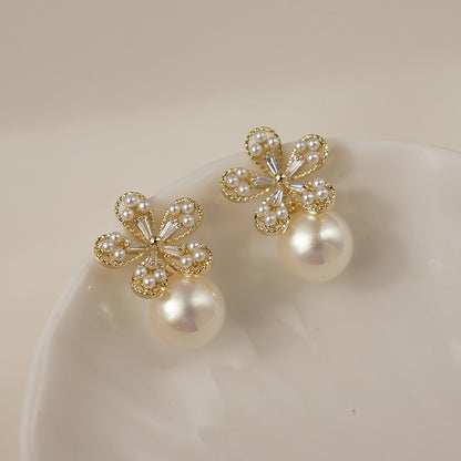 Silver Needle Pearl Flower Earrings Love Sweet Fashion