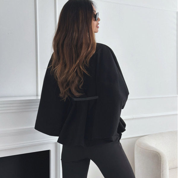 Women's Stand Collar Batwing Sleeve Cloak Top with Belt