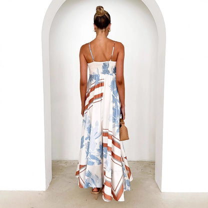 Women's Fashion Printed Backless Sling Large Swing High Waist Dress