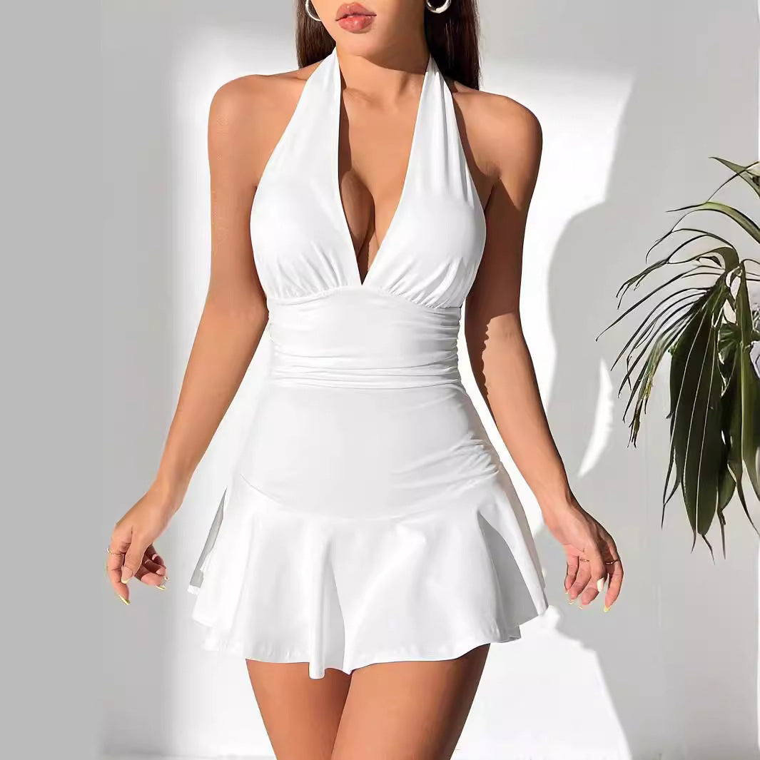 Sexy Deep V-neck Low-cut Tummy-covering Slimming Halter Dress