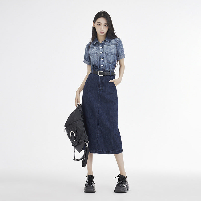 Women's Short-sleeved Denim Dress With Waist-cinching High Waist For A Slimming Effect