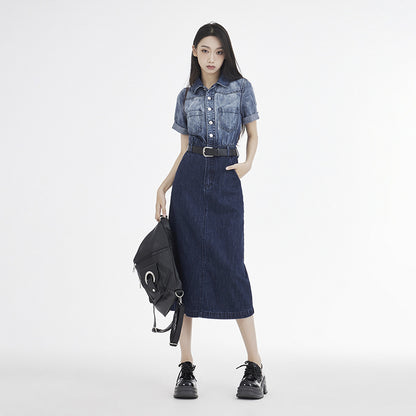 Women's Short-sleeved Denim Dress With Waist-cinching High Waist For A Slimming Effect