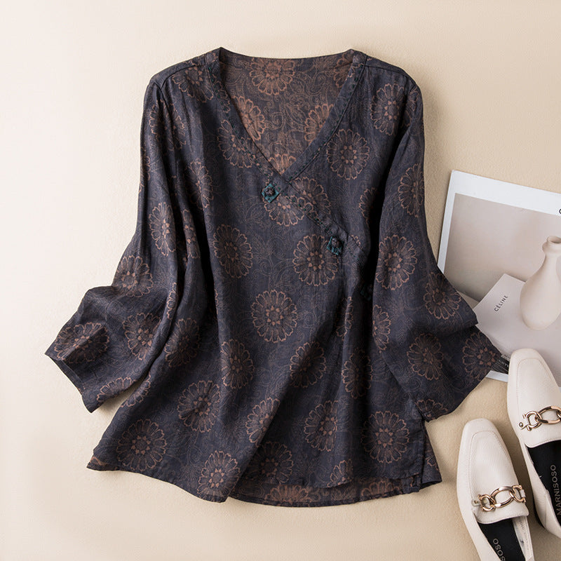 Spring New Linen V-neck Floral Retro Literary Shirt Women