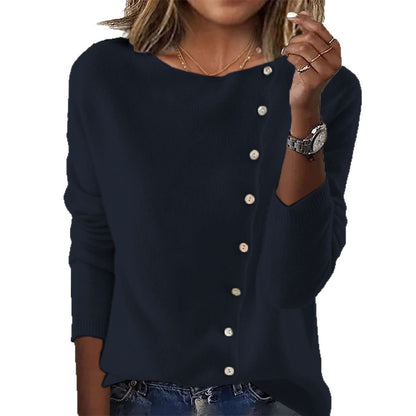 Round Neck Long Sleeve Button Sweater New Women