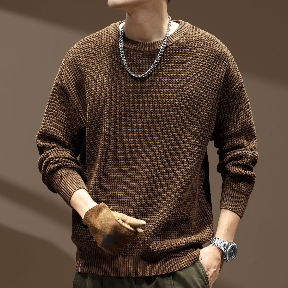 Men's Thick Needle Retro Round Neck Sweater - Loose Fit