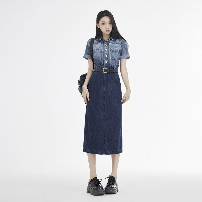 Women's Short-sleeved Denim Dress With Waist-cinching High Waist For A Slimming Effect