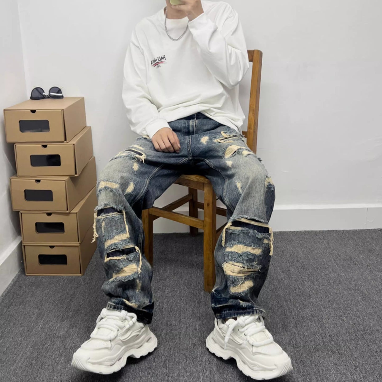 American Casual Stylish Ripped Patch Jeans