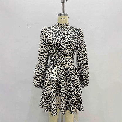 New Chiffre Leopard Print Bubble Long Sleeve With Flare Dress