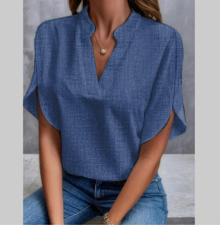 Women's Summer Chiffon V-Neck Shirt - Short Sleeve